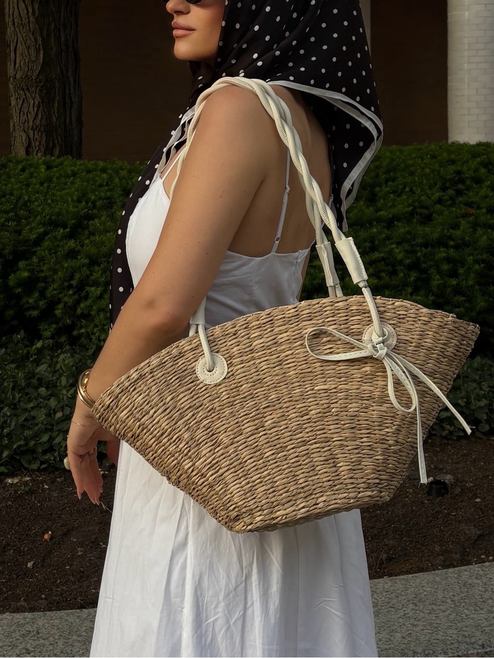 Braided Handle Straw Tote in Natural with White Accents - Picture 1 of 6